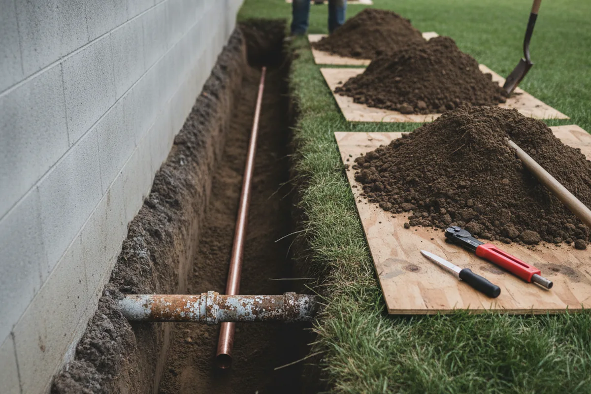 Excavated water line trench during Sewer Line Repair in Big Rock